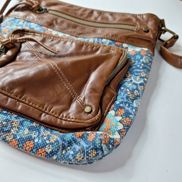 Crossbody Leather Cloth Purse Handbag Floral Zipper Pockets Adjustable Strap - Picture 6 of 12